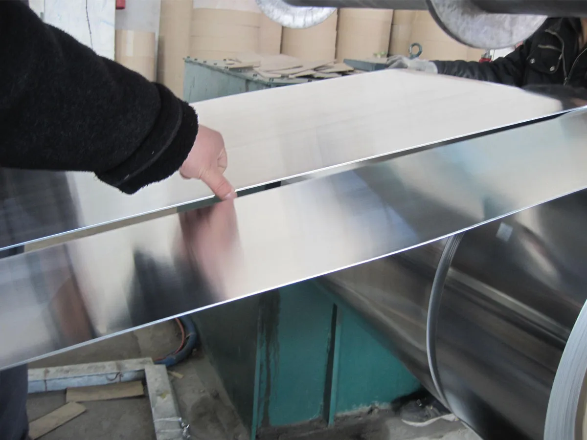 Close-up view of aluminum alloy strip coil for industrial processing